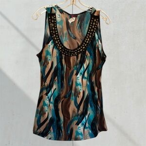 Agenda Blue and Brown Abstract Tank Top with Studded Neckline